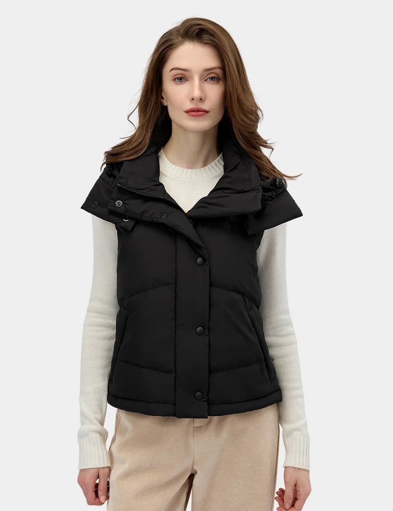 (Open-Box) Women's Heated Cropped Puffer Down Vest - Black / Red