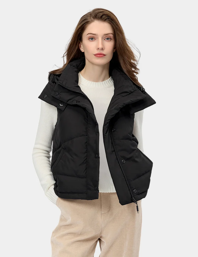 (Open-Box) Women's Heated Cropped Puffer Down Vest - Black / Red