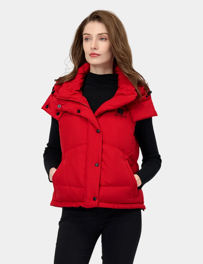 (Open-Box) Women's Heated Cropped Puffer Down Vest - Black / Red