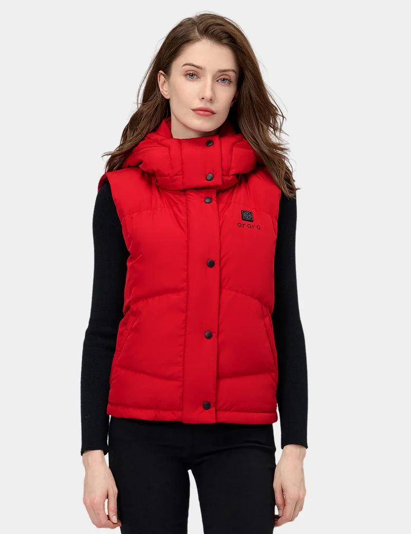 (Open-Box) Women's Heated Cropped Puffer Down Vest - Black / Red