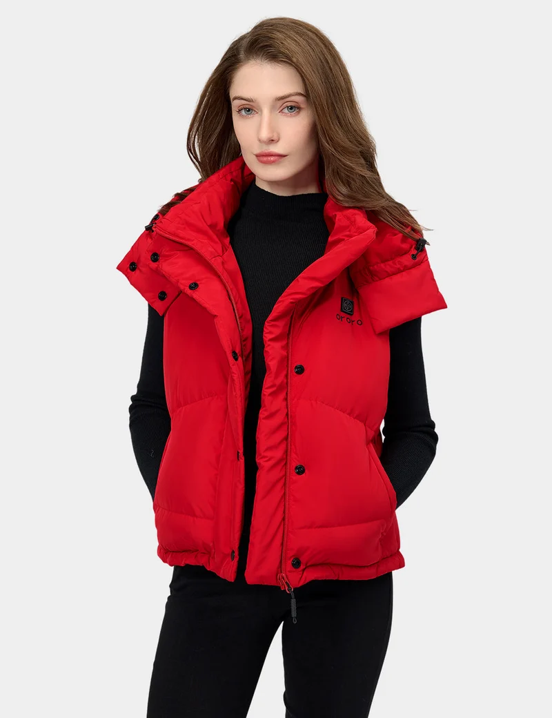 (Open-Box) Women's Heated Cropped Puffer Down Vest - Black / Red