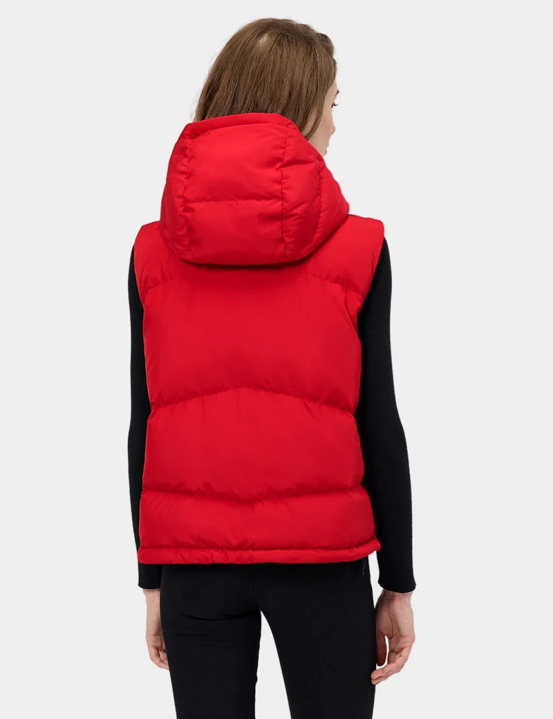 (Open-Box) Women's Heated Cropped Puffer Down Vest - Black / Red