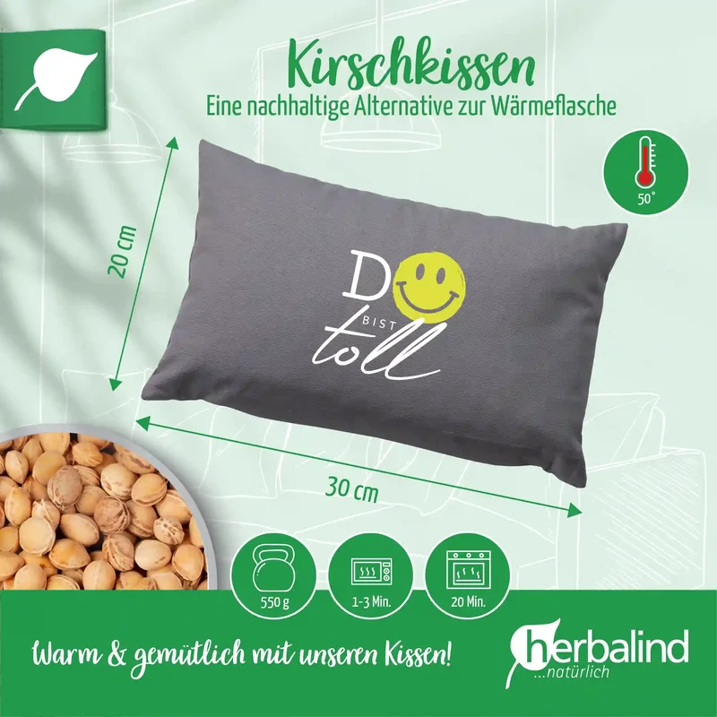 Kirschkernkissen 20x30cm, "Du bist toll" mit Smiley, Anthrazit