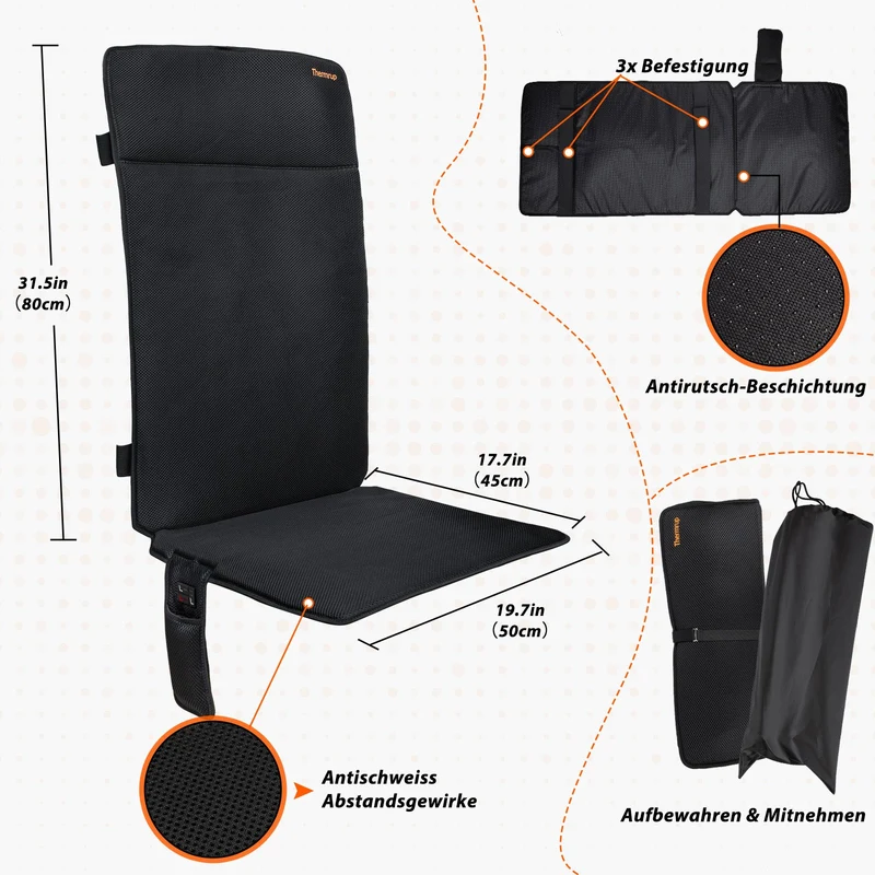 Thermrup Mobile Beheizbare Sitzauflage 50x125 cm – Mit Smart-Regler, Akku- & Netzbetrieb