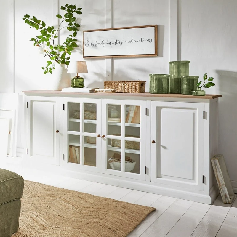 KOSTAN Sideboard – Massivholzschrank aus Mangoholz mit Glastüren im Landhausstil
