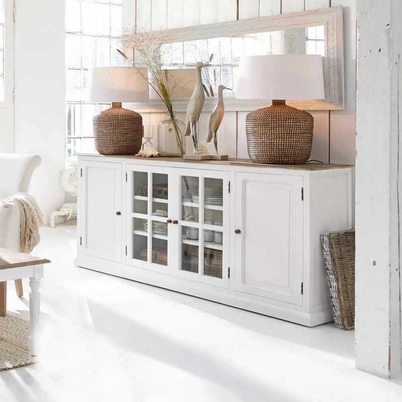 KOSTAN Sideboard – Massivholzschrank aus Mangoholz mit Glastüren im Landhausstil