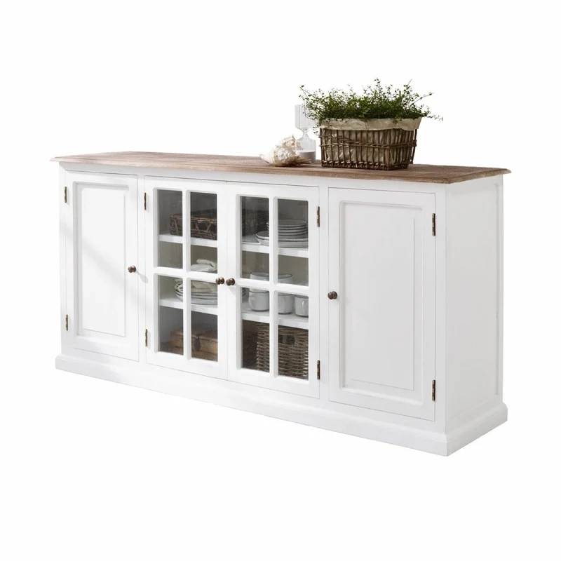 KOSTAN Sideboard – Massivholzschrank aus Mangoholz mit Glastüren im Landhausstil