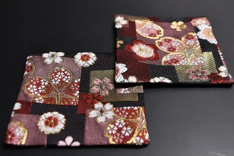 Shinsendo Japanese Style Kimono Coaster Set Of 5 (Red Cherry Blossom) - Perfect Gift In Gold Brocade Box