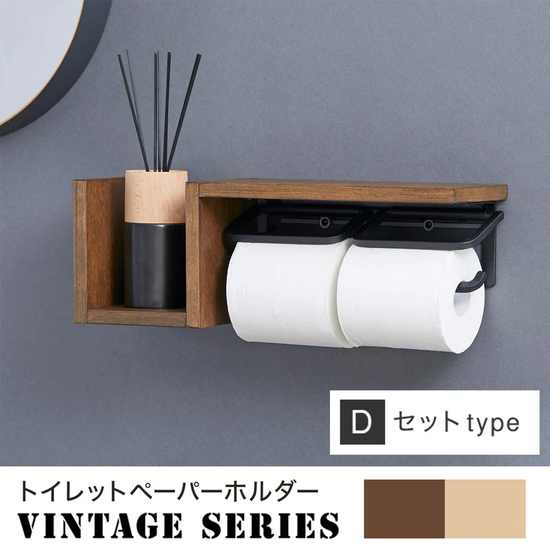 Lowya Toilet Paper Holder Iron Wooden W/ Shelves & Storage Double 2 Strands Set Type Japan Natural/Black