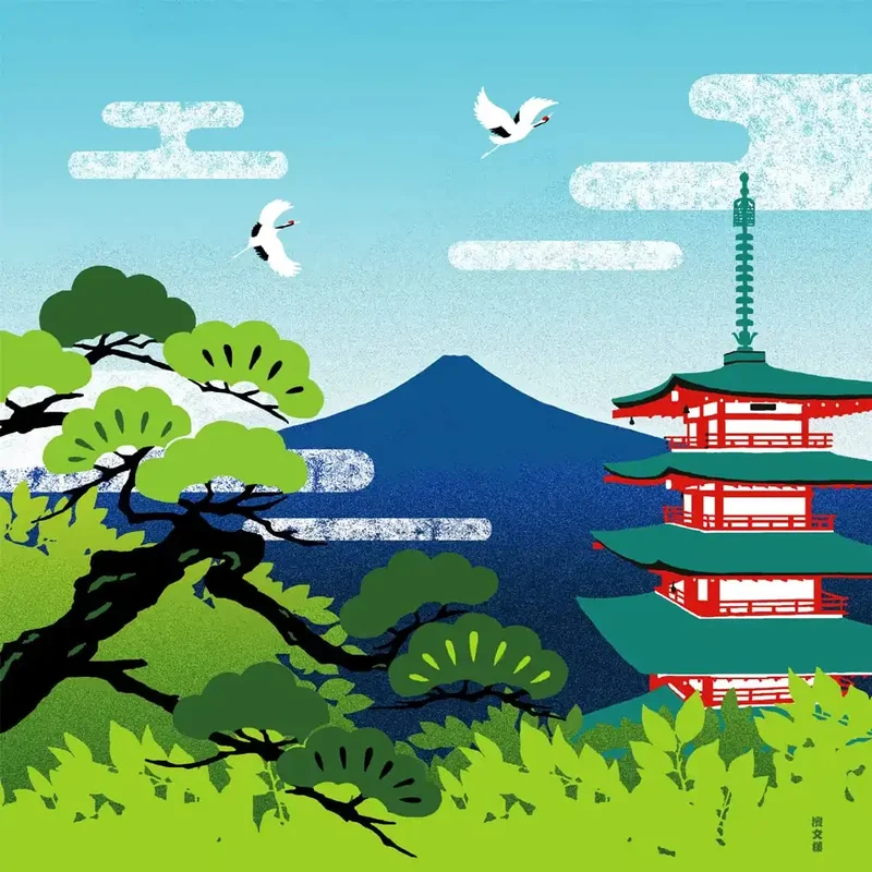 Hama Pattern Furoshiki 50Cm - Summer Five-Storied Pagoda Mt. Fuji - Japan