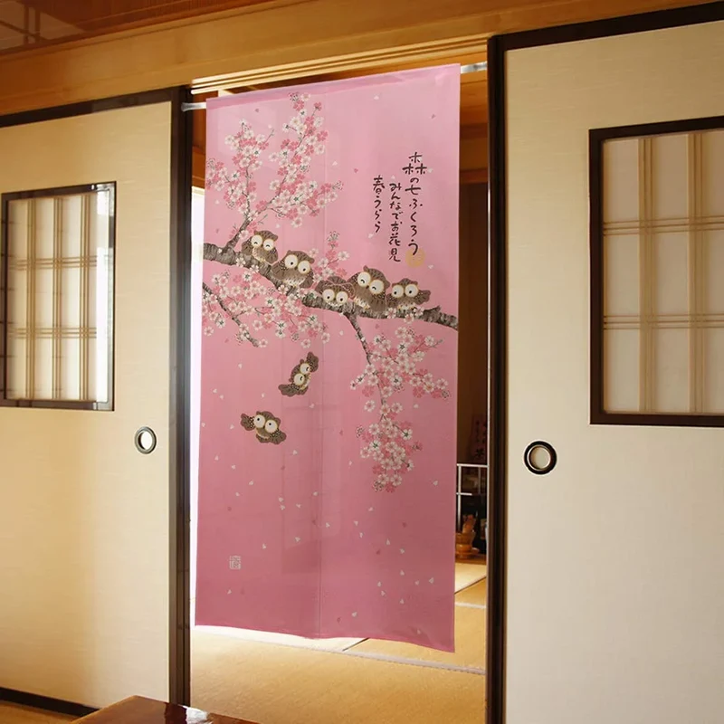 Noren Koubou Curtain Featuring Owls and Cherry Blossoms