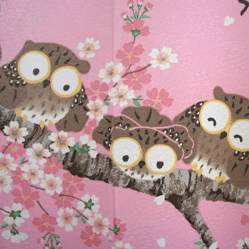 Noren Koubou Curtain Featuring Owls and Cherry Blossoms