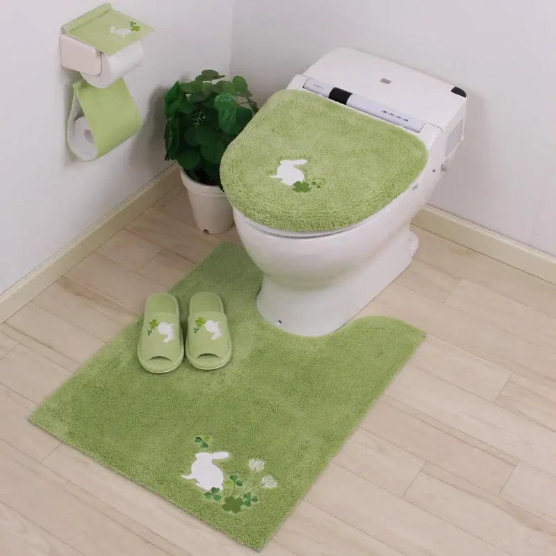 Senko Japan Rabbit Long Toilet Mat 75X60Cm Green Good Luck Embroidery 13719