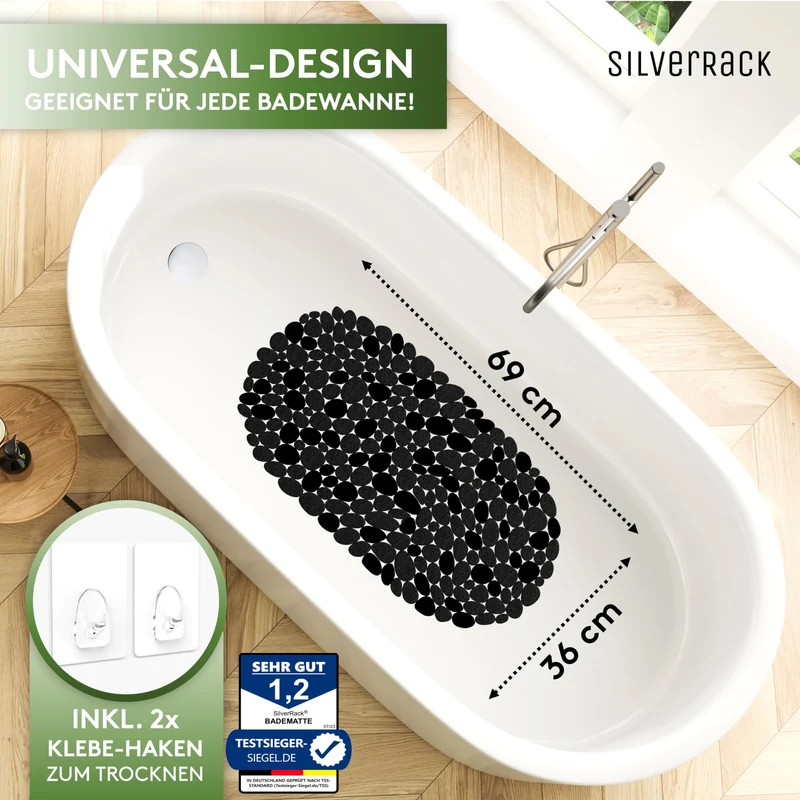 SilverRack DermaSensitivo Badematte rutschfest – 69 x 36 cm, Schwarz