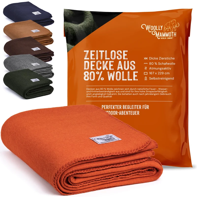 Wolly Mammoth 80% Wolldecke – Sofadecke 167x230 cm, Orange, Camping und Outdoor