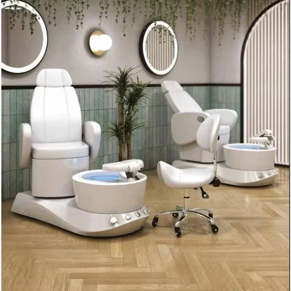 SPA Pediküre Sessel, Fußpflegestuhl Ava mit Waschbecken, Hydro-Massagefunktion und verstellbarem Sitz in Weiß