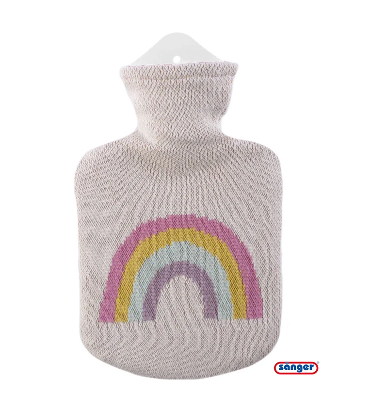 Sänger Wärmflasche 0,8 L – Regenbogen mit kuscheligem Strickbezug aus Baumwolle