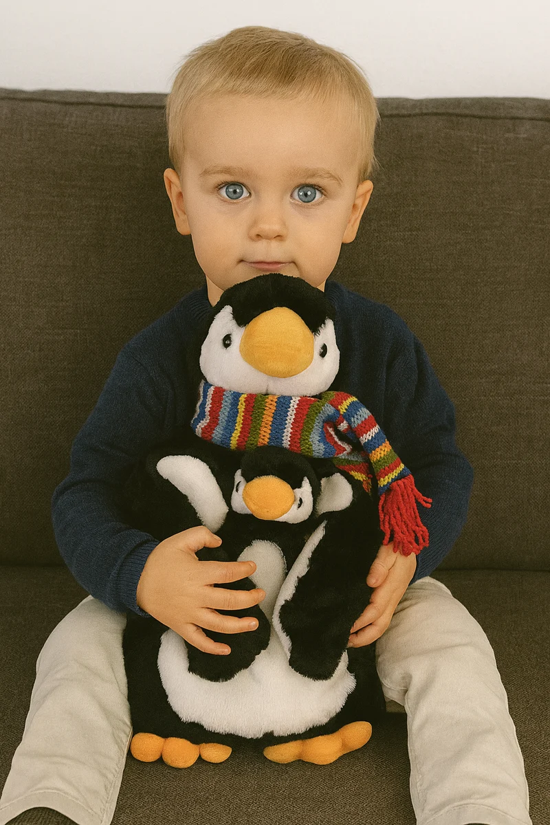 Sänger Pinguin "James" mit Körnerkissen-Baby "Jamie" mit 0,8 Liter Gummi-Wärmflasche & Kirschsteinfüllung