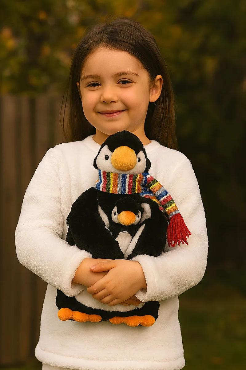 Sänger Pinguin "James" mit Körnerkissen-Baby "Jamie" mit 0,8 Liter Gummi-Wärmflasche & Kirschsteinfüllung