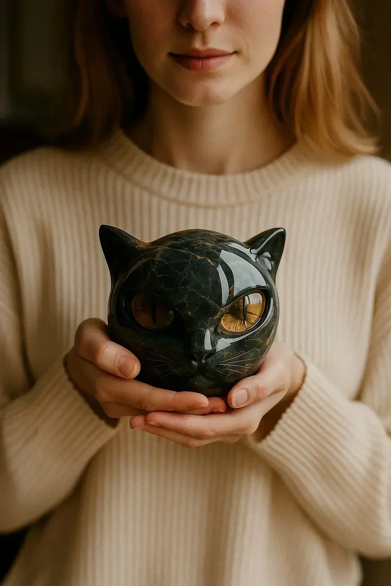 NoirCat Skulptur – Schwarzer Katzenkopf mit hypnotisierenden Augen