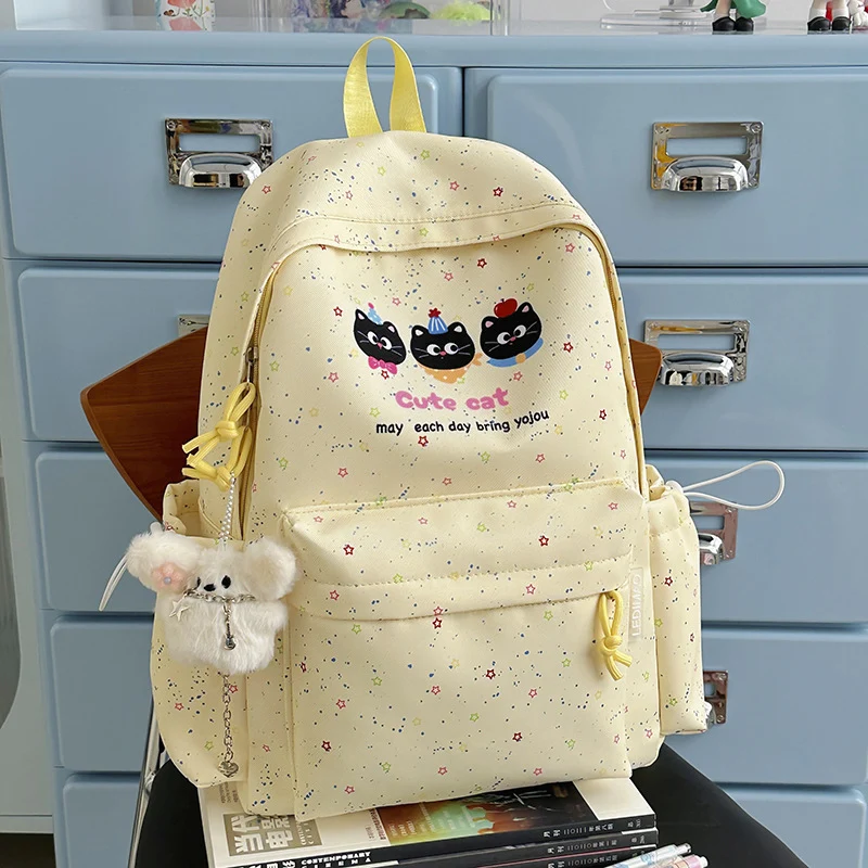 Niedlicher Schulrucksack mit Katzenmotiv und mehreren Taschen