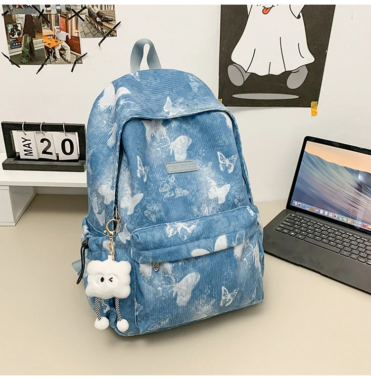 Cord-Schulrucksack mit Schmetterlingsdruck