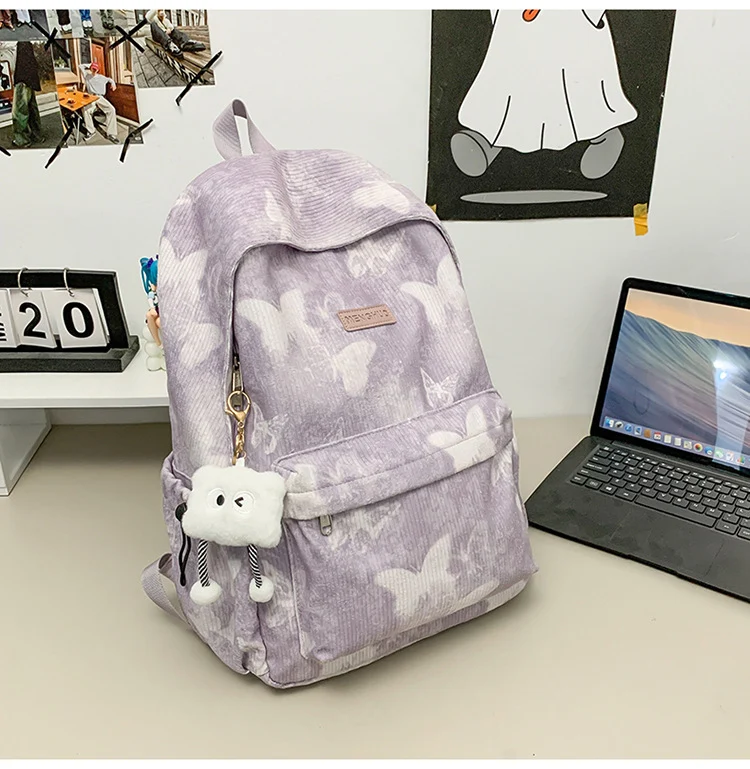 Cord-Schulrucksack mit Schmetterlingsdruck