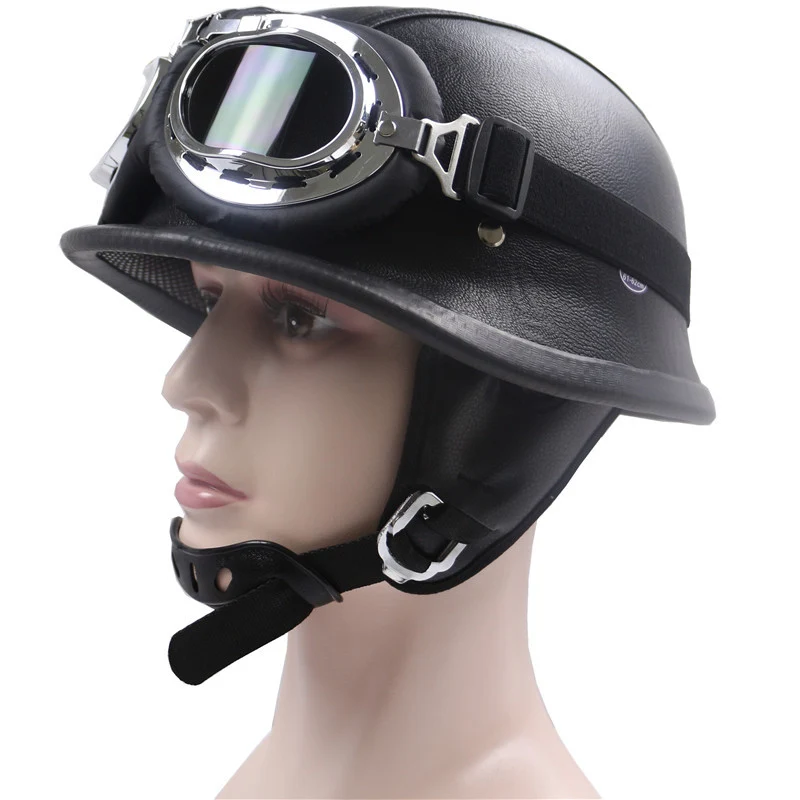 Vintage Leder Motorradhelm mit Chrombrille Skanto