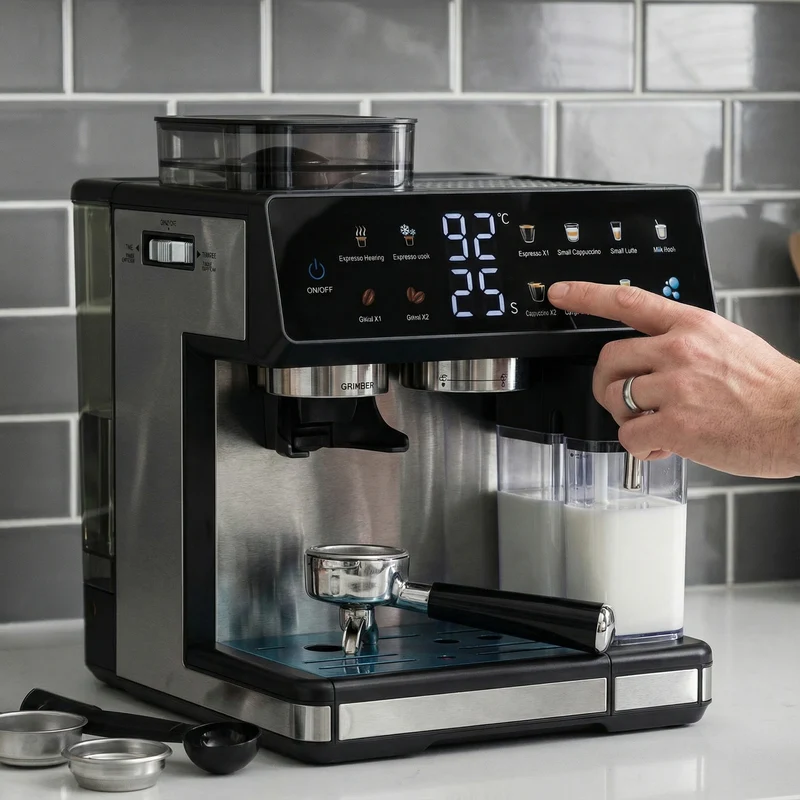 Espressomaschine mit integriertem Mahlwerk, automatischer Temperaturregelung und programmierbaren Kaffeestärken Skanto