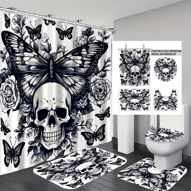 Badezimmer-Set mit künstlerischem Totenkopf- und Blumenmotiv Skanto