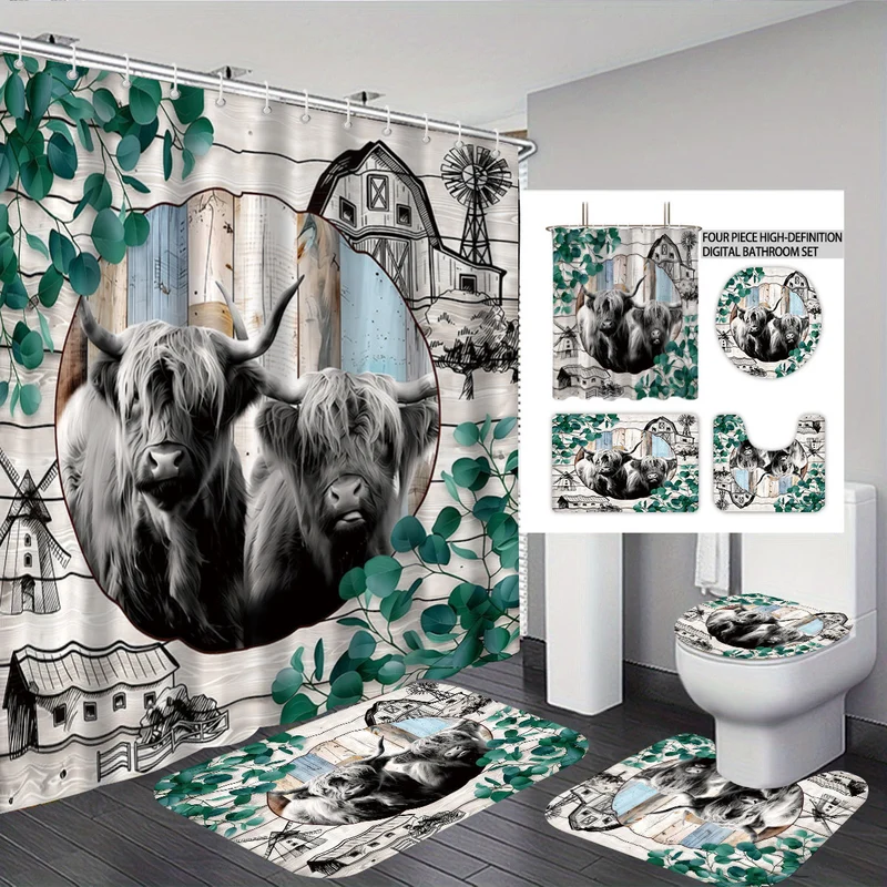 Badezimmer-Set mit künstlerischem Hochlandrind-Motiv Skanto