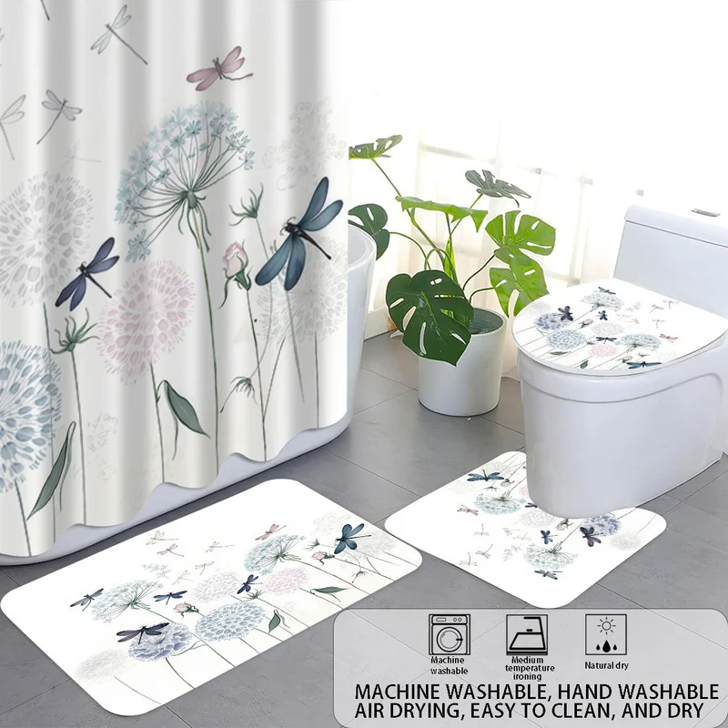 Vierteiliges Digitales Badezimmer-Set mit künstlerischem Libellenmotiv Skanto