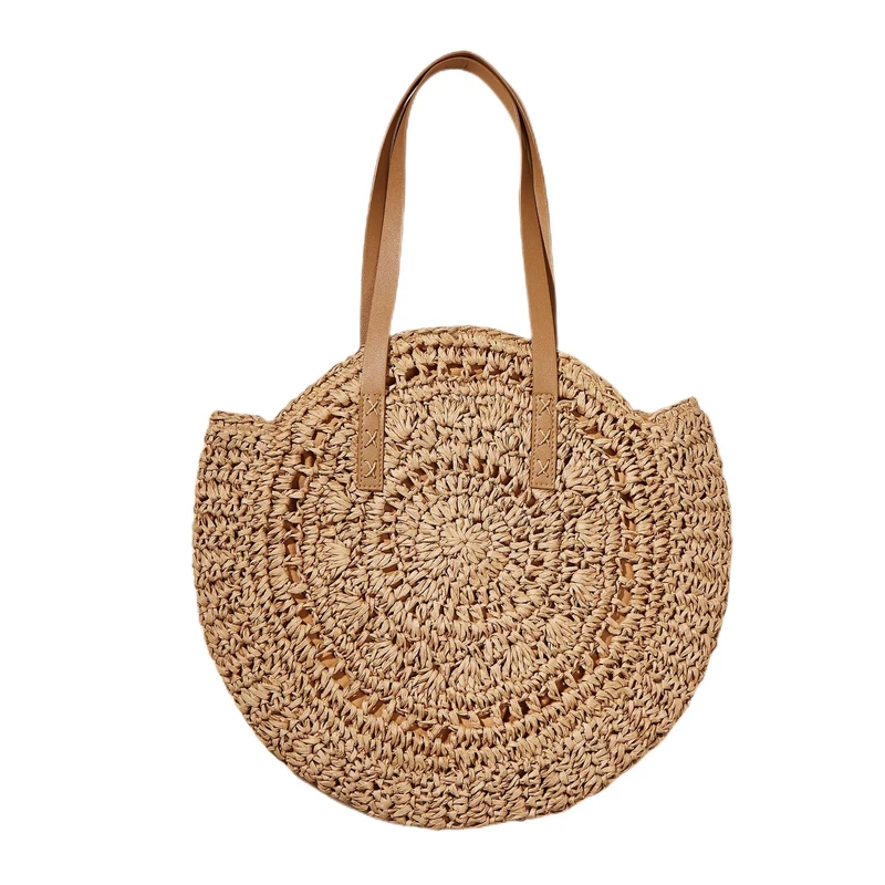 Handgefertigter runder Raffia-Korb mit eleganten Ledergriffen Skanto