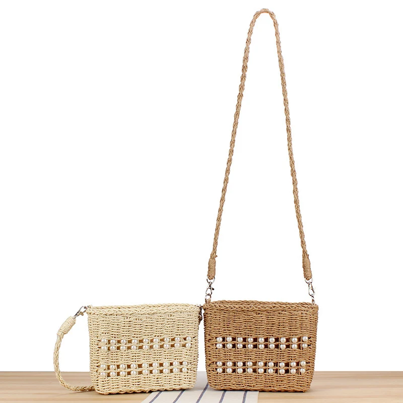 Handtasche aus handgewebtem Naturmaterial mit Perlenverzierung Skanto