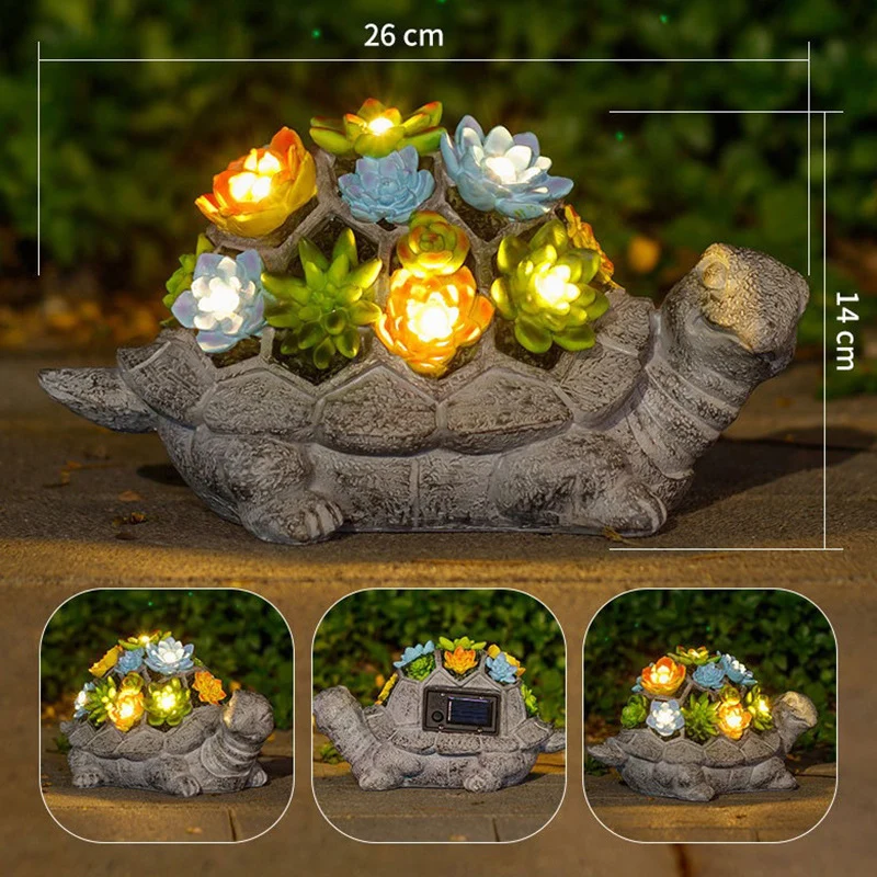 Solar-Schildkröten-Sukkulenten-Pflanzgefäß mit LED-Leuchten, strukturierte Harz-Gartenstatue Skanto