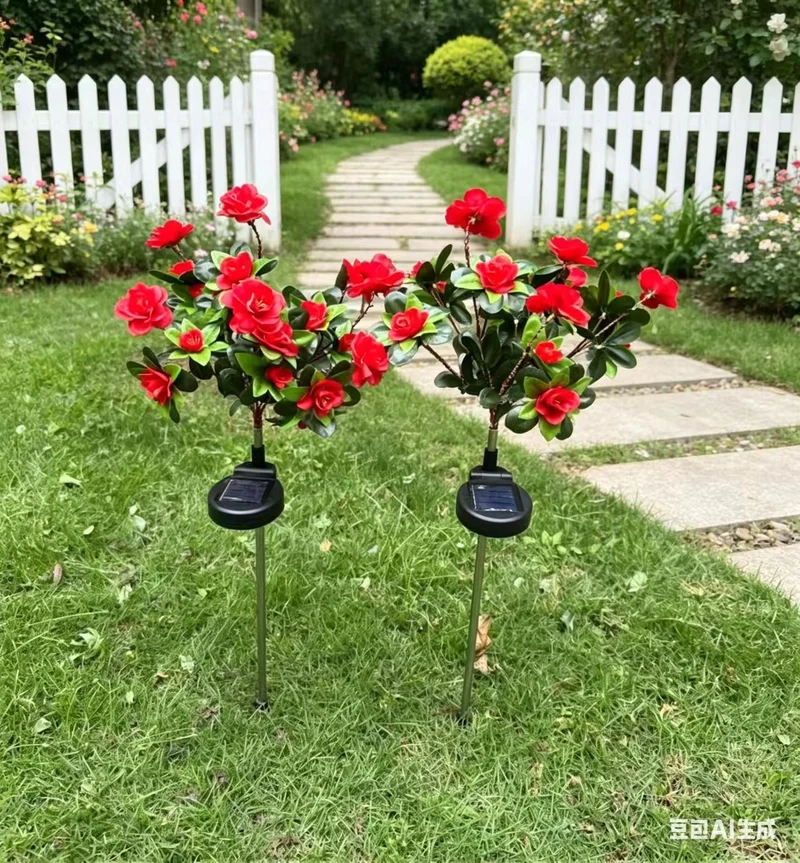 Solarbetriebene realistische Kamelienblüten-Gartenstecker-Leuchten mit verstellbaren LED-Köpfen und Edelstahlspieß Skanto