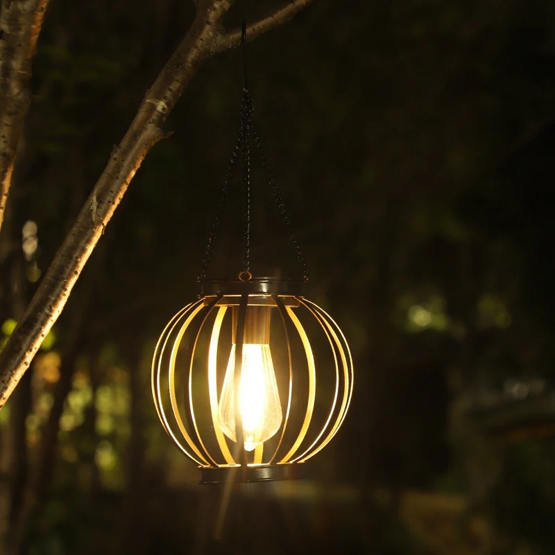 Solar-Hängeleuchten für den Außenbereich mit Vintage-LED-Glühfadenbirne und Metallkäfig, wasserdichte Pendelleuchte Skanto