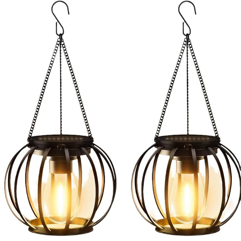 Solar-Hängeleuchten für den Außenbereich mit Vintage-LED-Glühfadenbirne und Metallkäfig, wasserdichte Pendelleuchte Skanto