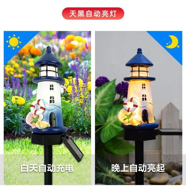 Solarbetriebene Leuchtturm-Gartenstecker-Leuchte mit warmer LED-Harz-Laterne und Dämmerungssensor Skanto