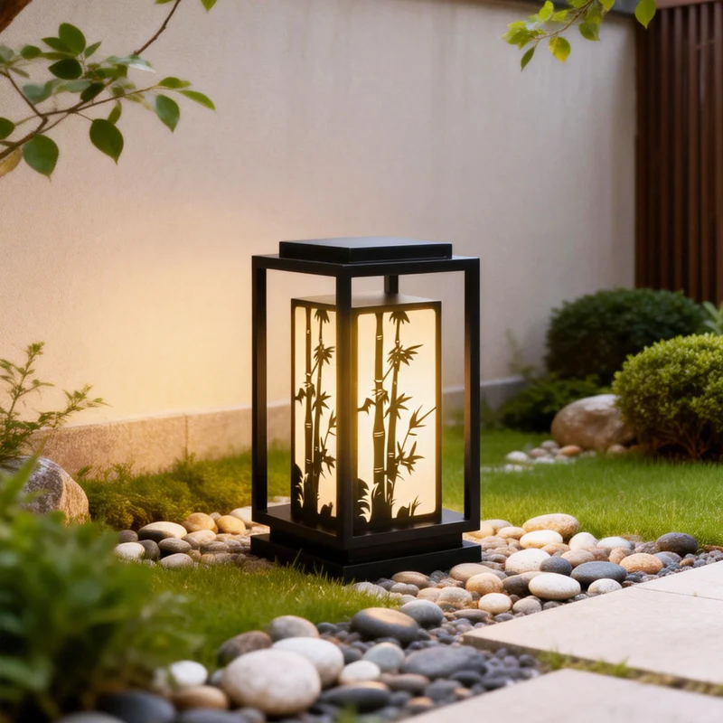 Japanisch inspirierte LED-Außenlaterne mit Holzrahmen Skanto