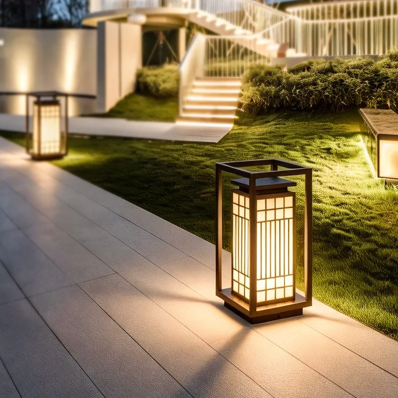 Japanisch inspirierte LED-Außenlaterne mit Holzrahmen Skanto