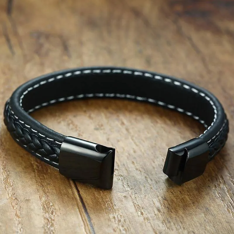 Skanto | Medizinischer ID-Alarm-Armband für Diabetiker – Genähtes Schwarzes Leder – Für Typ-1- & Typ-2-Diabetes