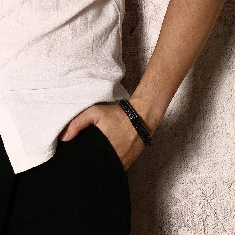 Skanto | Medizinischer ID-Alarm-Armband für Diabetiker – Genähtes Schwarzes Leder – Für Typ-1- & Typ-2-Diabetes