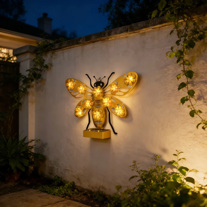 Dekorative Solar-LED-Bienen-Wandskulptur mit Blumen-Lichterkette und Metallhalterung Skanto