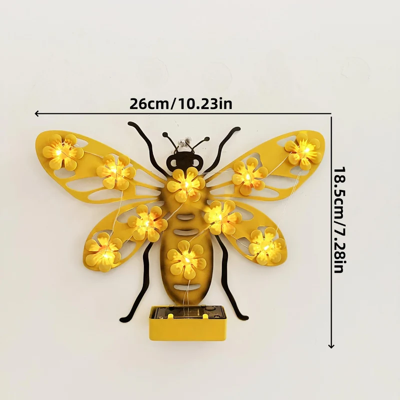 Dekorative Solar-LED-Bienen-Wandskulptur mit Blumen-Lichterkette und Metallhalterung Skanto