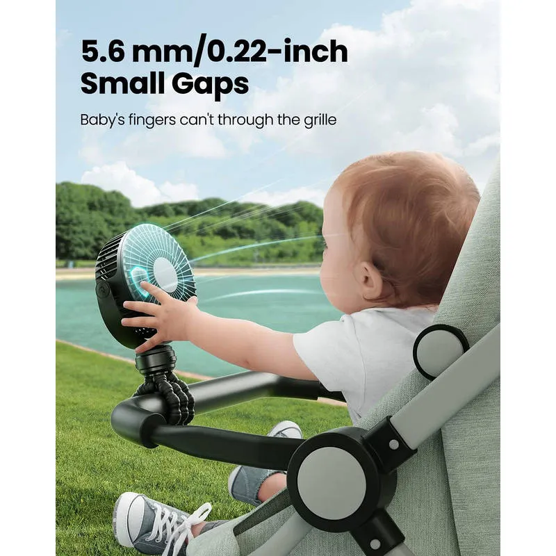 Tragbarer Kinderwagen-Ventilator USB C wiederaufladbar, leiser Baby-Clip-Ventilator mit 5 Geschwindigkeiten, LED-Anzeige, 10 Stunden Akkulaufzeit für Autositz, Babywanne, Reisen | Skanto