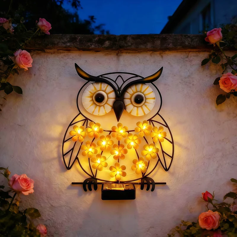 Skanto Metall-Eulen-Wandkunst mit Solar-LED-Blumenlichtern und Eisenrahmen