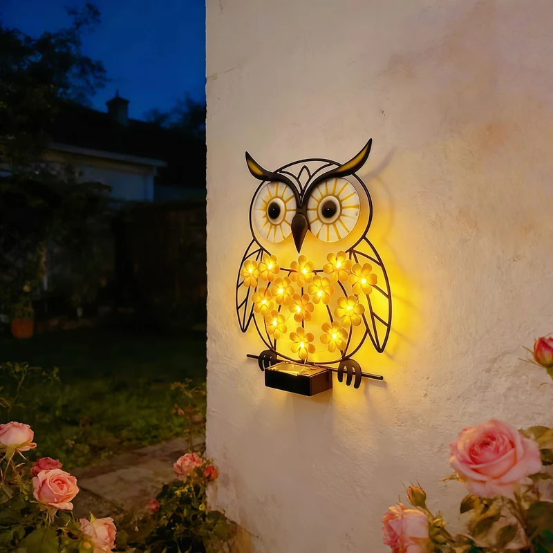 Skanto Metall-Eulen-Wandkunst mit Solar-LED-Blumenlichtern und Eisenrahmen