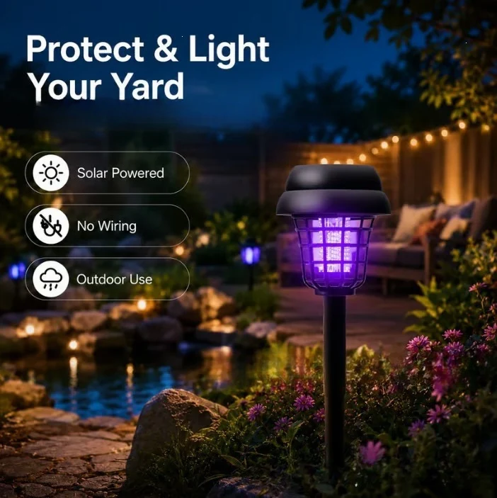 Solarbetriebener UV-Insektenvernichter-Gartenstecker mit integriertem Solarpanel und Dämmerungssensor Skanto