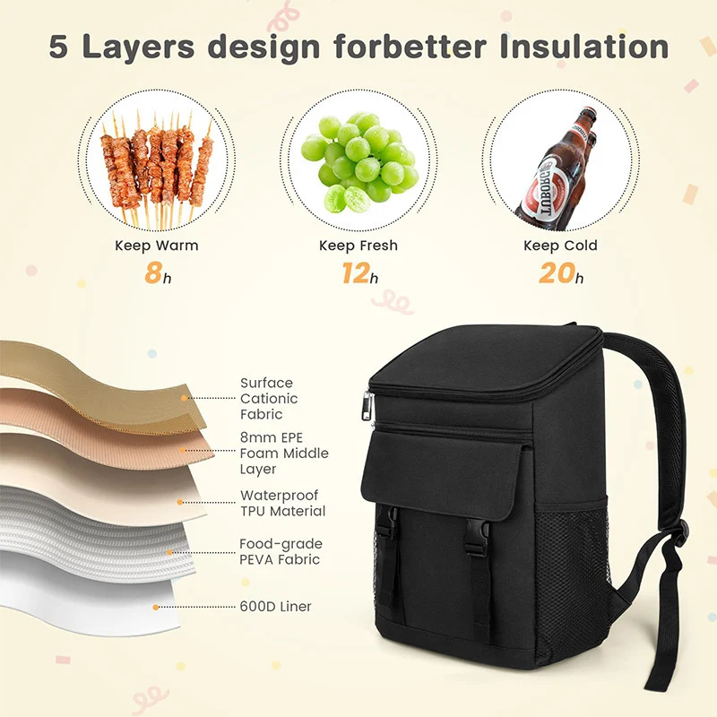 Unisex isolierter Kühlrucksack mit Thermo-Futter, gepolstertem Rücken und seitlichen Flaschenhaltern Skanto